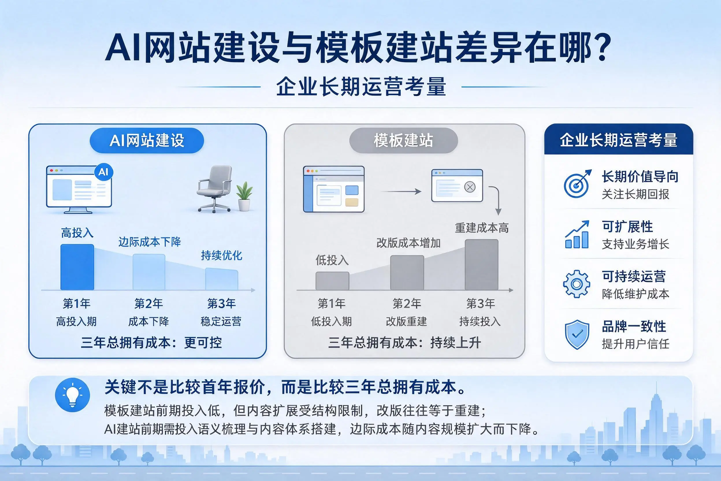 AI网站建设与模板建站差异在哪？汕尾企业长期运营考量